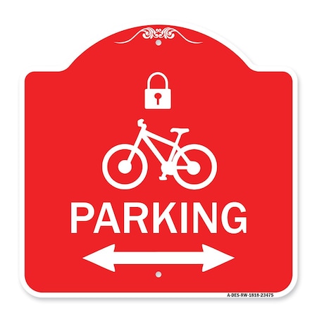 Signmission Parking W/ Lock Cycle & Bidirectional Arrow, Red & White Aluminum Sign, 18" x 18", RW-1818-23475 A-DES-RW-1818-23475